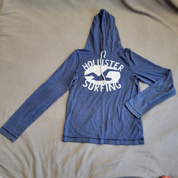 Hollister Sweaters - HOLLISTER Sweater Hoodie Womens Large Blue Logo White Drawstrings Lightweight